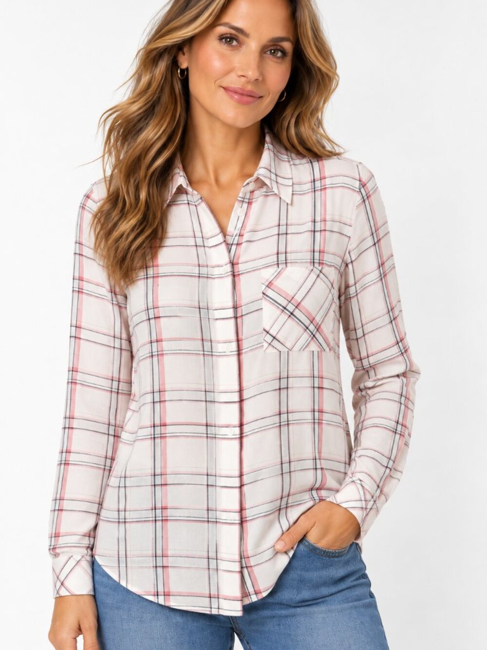 White House Black Market Plaid Button Front Blouse Size 10